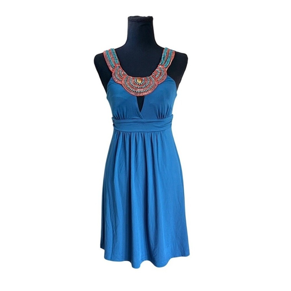 Y2K Candies Teal Blue Beaded Statement Neckline Empire Waist Mini Dress S Boho